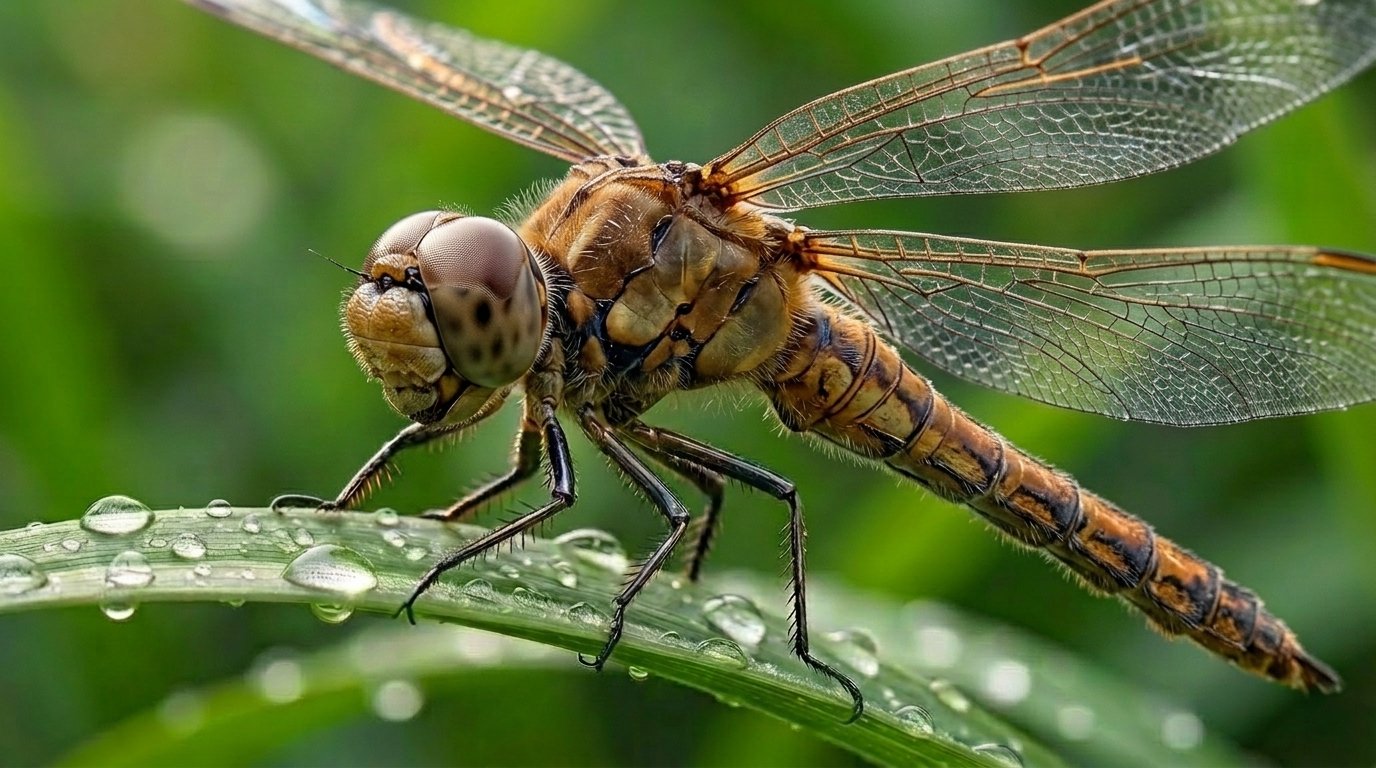 Macro photograph of a common darter dragonfly perched on a dew-covered stem — representing precision, natural engineering, and detail