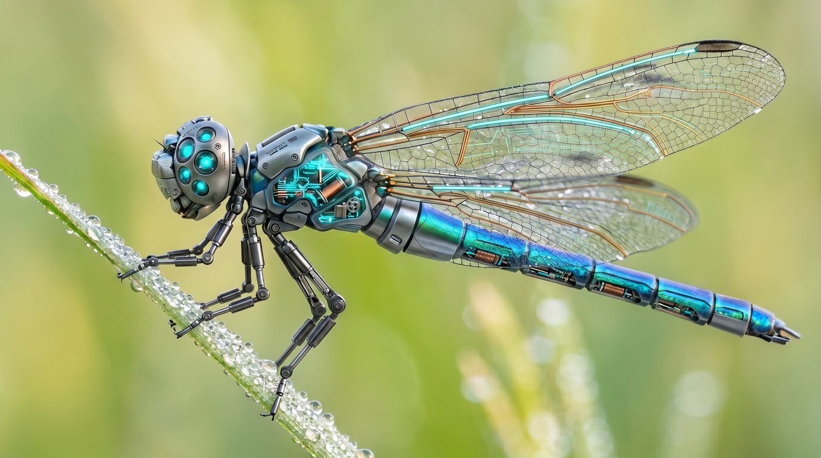 The same dragonfly reimagined as a biomechanical precision instrument — gears, copper coils and iridescent engineering visible beneath the natural form